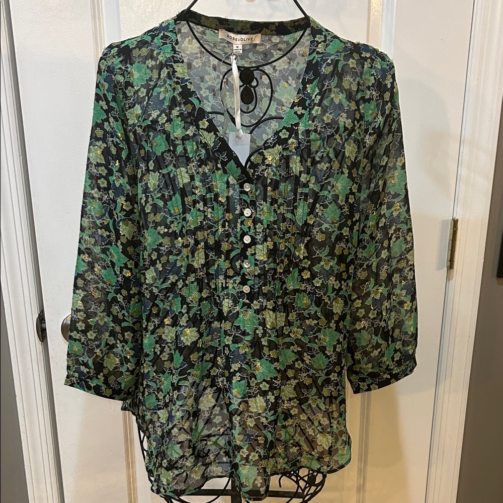 Rose & Olive Green and Black Floral Blouse *St. Patty’s Day*
